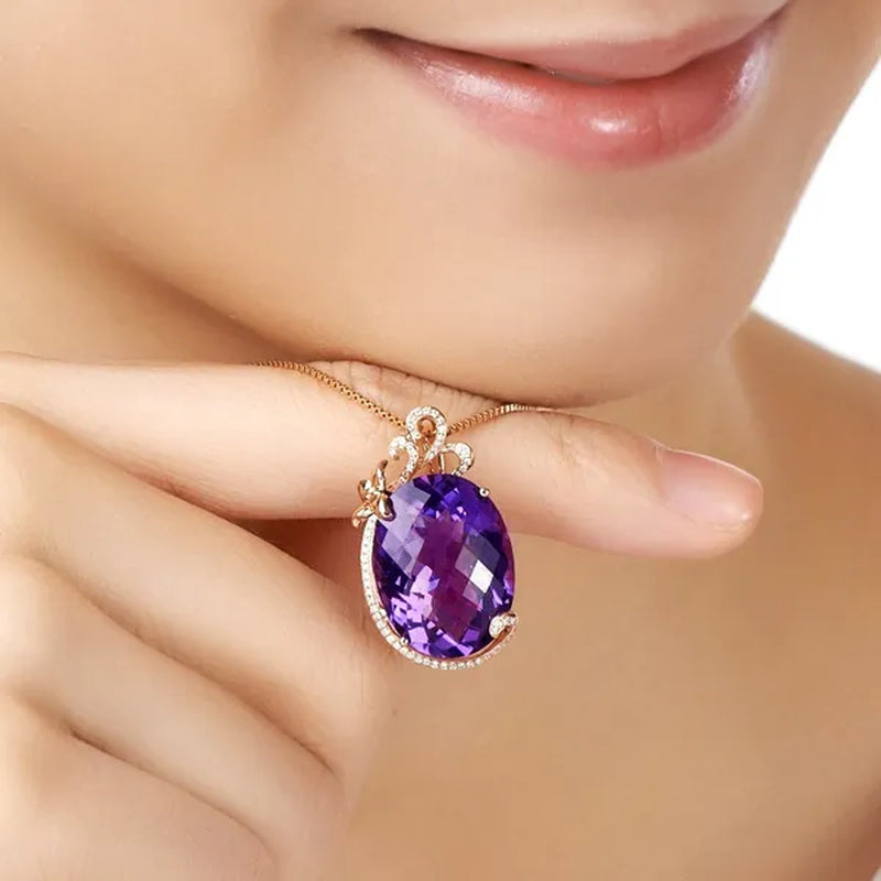 Fashion Amethyst Flower Pendant Necklace Water Drop Cubic Ziconia Earrings Four Leaf Clover Bracelet Double Heart Open-End Ring Jewelry Set For Women Gift