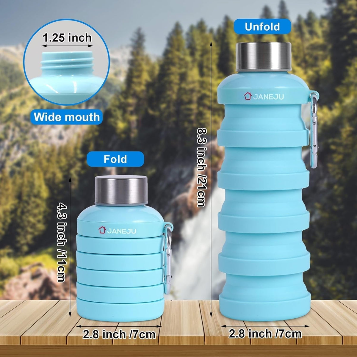 Janeju Collapsible Water Bottle, 17Oz BPA Free Silicone Reusable Portable Lightweight Foldable Water Bottles with Carabiner, Portable Leak Proof Sports Water Bottle (White)