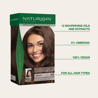 Permanent Hair Dye, 4.0 Brown, Ammonia and Paraben Free, up to 100% Gray Hair Coverage, Long Lasting, Vegan, Cruelty Free