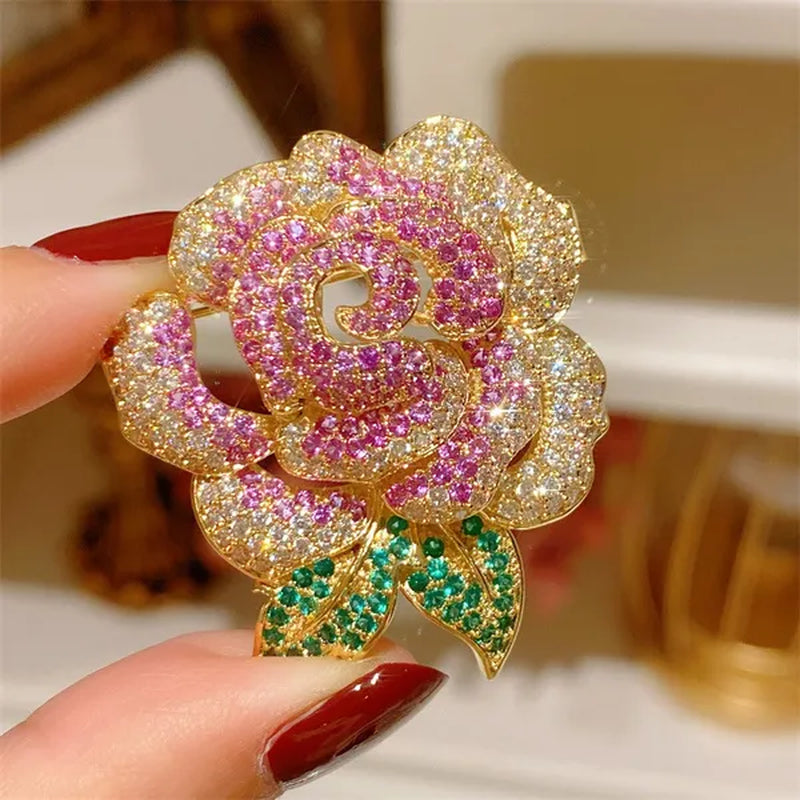 French Retro High-End Full Diamond Gradient Rose Gold Zircon Rose Flower Brooch Suit Pin Clothes Accessories
