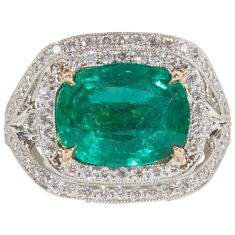 Vivid Green Cushion Cut Emerald and Diamond Platinum Cocktail Ring