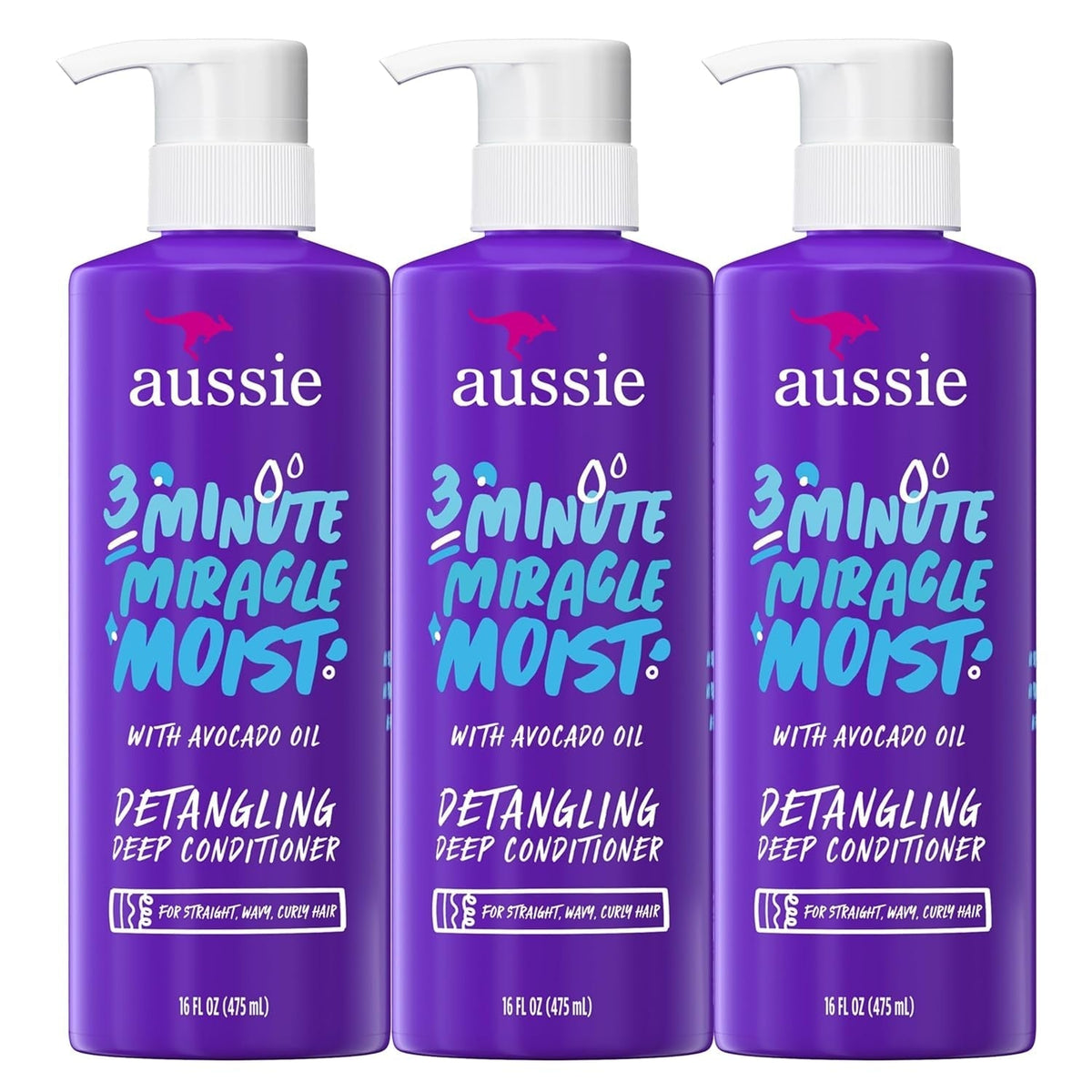 3 Minute Miracle Moist Deep Conditioner for Dry Hair, Avocado & Jojoba Oil, Safe for Color Treated Hair, Nourishing Hydration, Silky Shine, Paraben-Free, 16 Fl Oz Each, Triple Pack