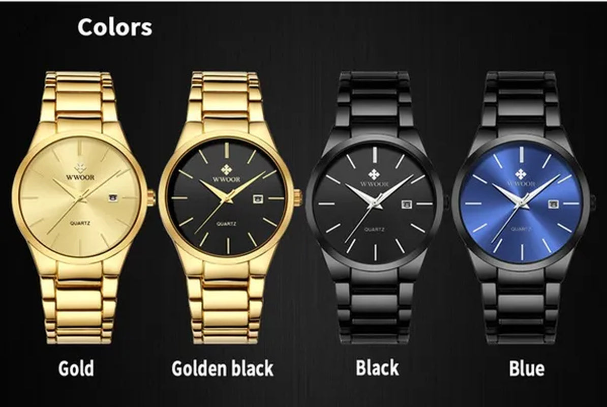 relojes hombre 2020 WWOOR Gold Watch Men Luxury Mens Quartz Wristwatch Business Watch Stainless Steel Waterproof Auto Date Clock with gift box