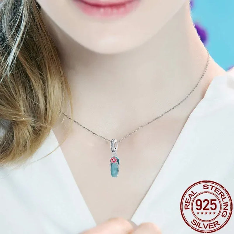 Stylish S925 Sterling Silver Blue Flip Flops With Red Flower Charm Fit Bracelet & Necklace DIY Jewelry