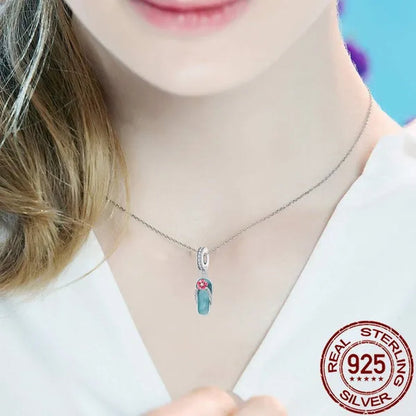 Stylish S925 Sterling Silver Blue Flip Flops With Red Flower Charm Fit Bracelet & Necklace DIY Jewelry