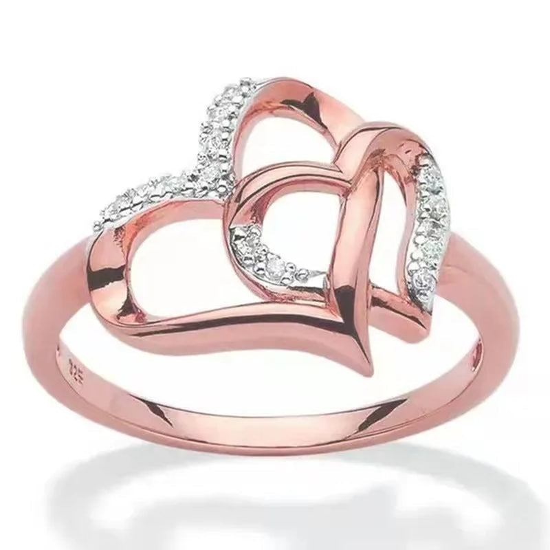 Lady's Elegant Heart shaped Ring Creative Design Diamond Zircon Double Love Hollow Ring Female Fashion Jewelry