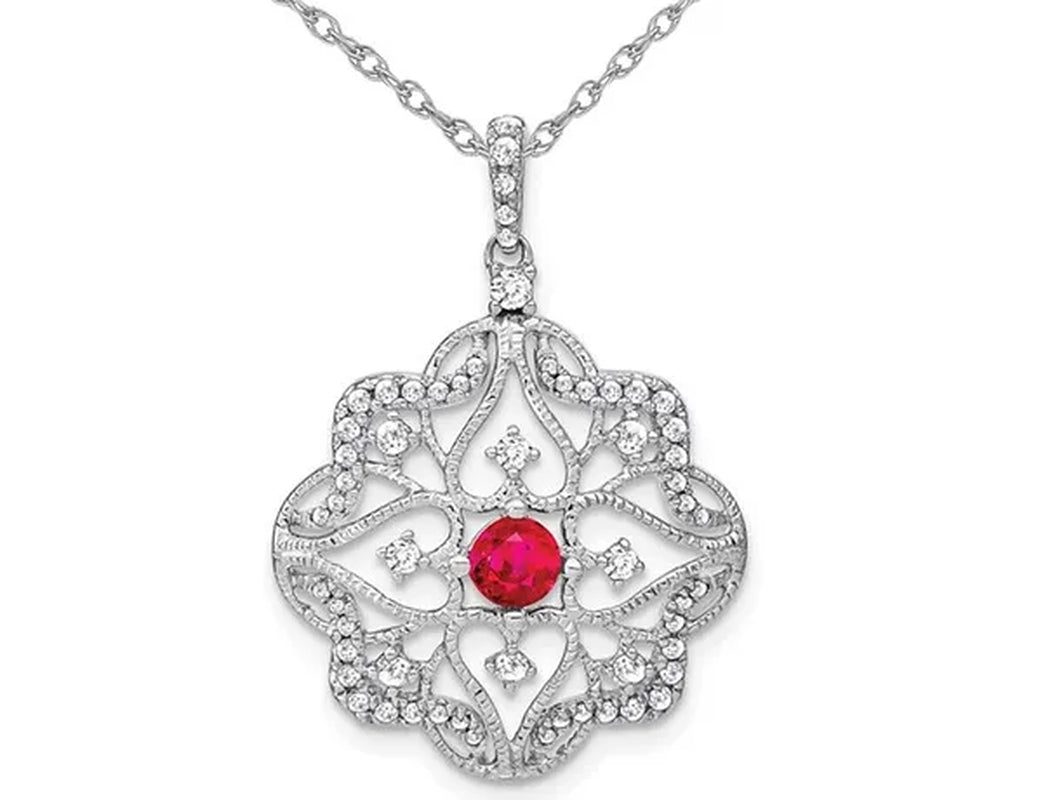 1/3 Carat (ctw) Natural Ruby Pendant Necklace in 14K White Gold with Diamonds 1/3 Carat (ctw) and Chain