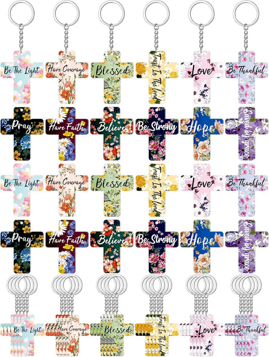 120 Pcs Bible Verse Keychains Christian Key Rings Cross Keychains Inspirational Acrylic Religious Key Rings Floral Bible Verse Jewelry for Women Men