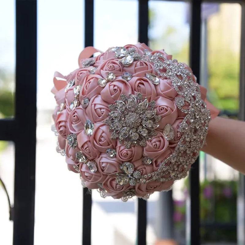 18CM Luxury Crystal Brooch Bride Bouquet Holding Flower Ribbon Lace Wedding Bouquet Artificial Simulation Rose Wedding Flower Bridesmaid Bouquet