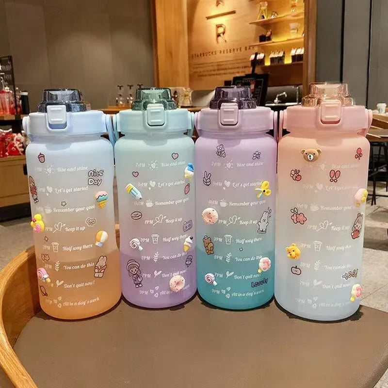 Water Bottle With Time Marker & Straw, 900ML/2000ML Large Capacity Motivational Leakproof Plastic Water Jug For Fitness Gym School Outdoor Travel Work Camping Hiking Hunting Fishing To Ensure You Drink Enough Water Daily