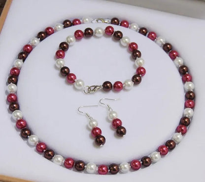 Hot sales 8mm white black brown color south sea shell pearl necklace bracelet earrings set handmade jewelry