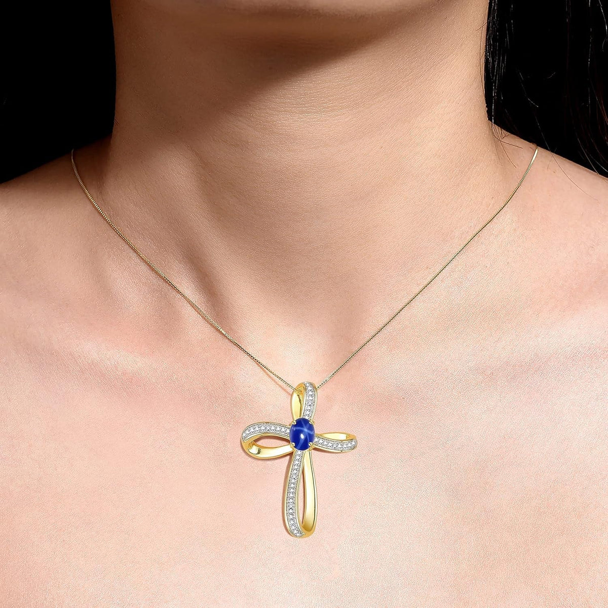 Sterling Silver Cross Necklace: Gemstone & Diamond Pendant, 18 Chain, 8X6MM Birthstone, Elegant Women'S Jewelry