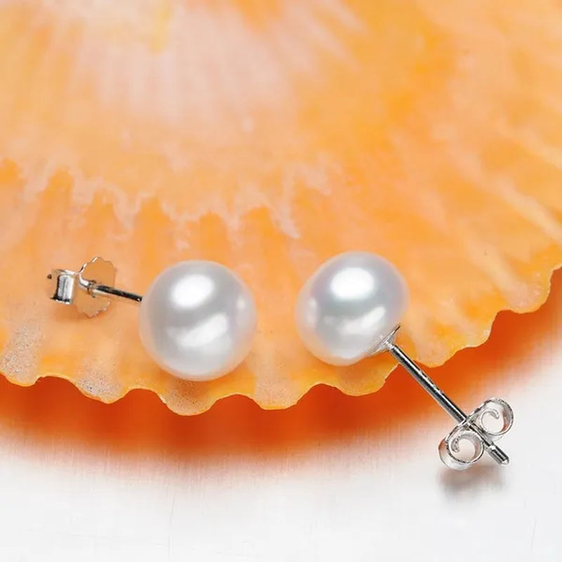 Trendy Simple 925 Sterling Silver with Natural Freshwater Pearl Necklace and Stud Earrings Jewelry Set for Women
