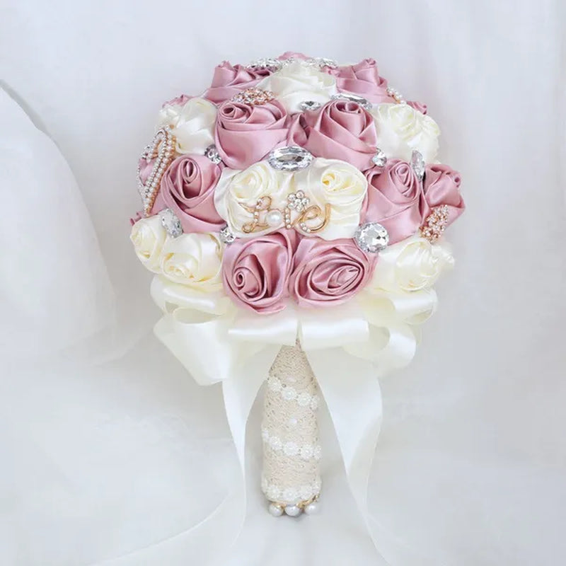 20CM Simulation Silk Rose Wedding Bouquet Diamond Pearl Brooch Bridal Bouquets Romantic Bridesmaid Holding Flowers