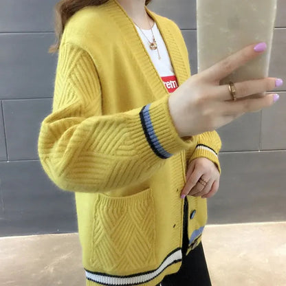 New Fashion Pull Femme Autumn and Winter Wool Pure Cashmere Sweater Cardigan Pullovers Long Sleeve Women Striped Stitching Color Knitted Cardigans Pullover Damen Jumper Outwear Coat