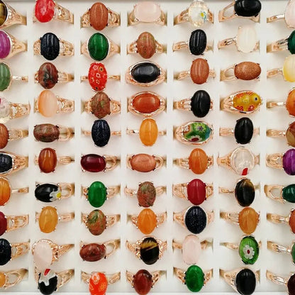 Mixed Wholesale 20Pcs/Gold-plated Natural Gem Ring Printing Rose-gold Women's Jewelry