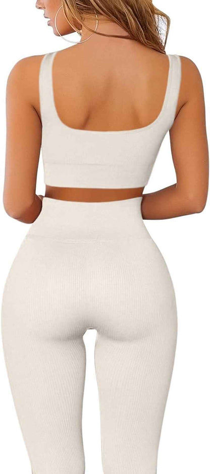 Ribbed Workout Outfits for Women 2 Piece Seamless Sport Bra High Waist Yoga Leggings Sets