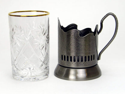 12-Pc Russian Tea Set, 24 Karat Gold Banded Tempered Crystal Glasses W/Metal Glass Holders Podstakannik Vintage Design