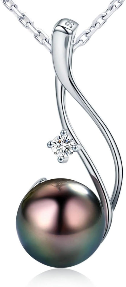 Tahitian Black Pearl Pendant Necklace 18K Gold over Sterling Silver 19 Inch Adjustible Chain - Real Black Pearls Jewelry Gifts for Women Wife Mom Daughter