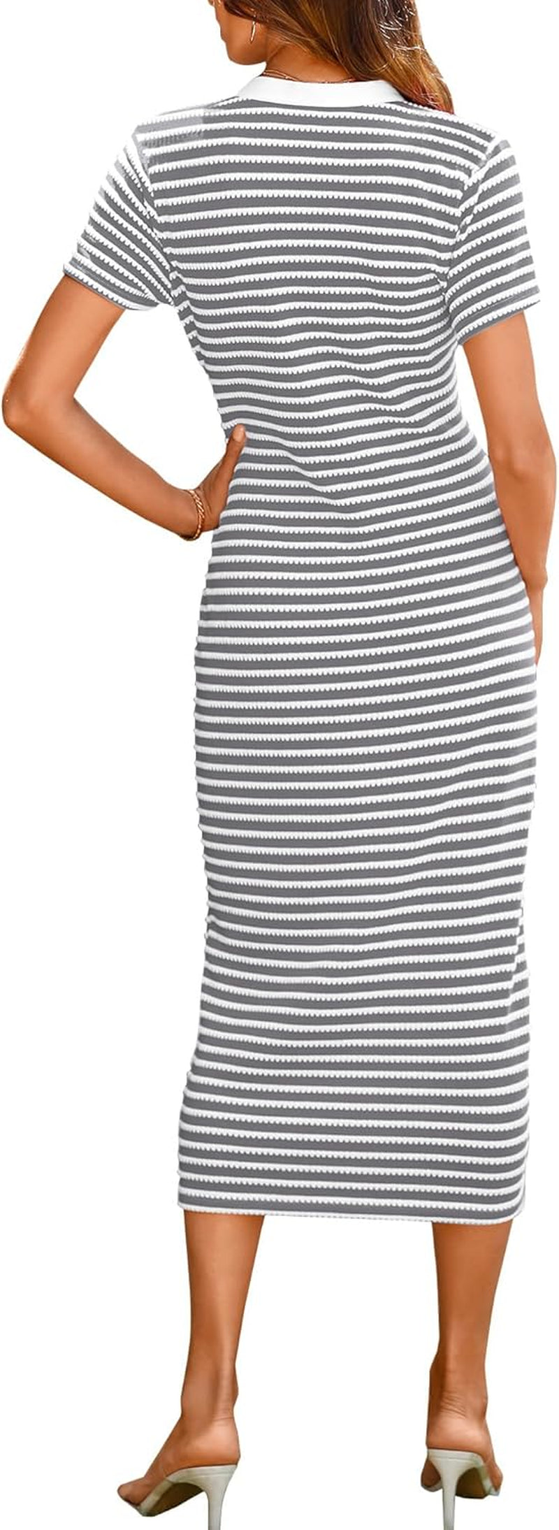 Women Casual Summer Dresses Short Sleeve Striped Midi Dresses Decorative Button Ribbed Knit Dresses Party Dresses