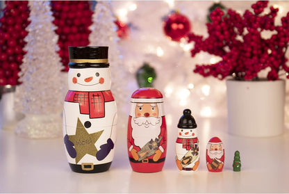 5 Pcs Handmade Wooden Russian Matryoshka Nesting Dolls Set, Traditional Christmas Home Decoration, Snowman