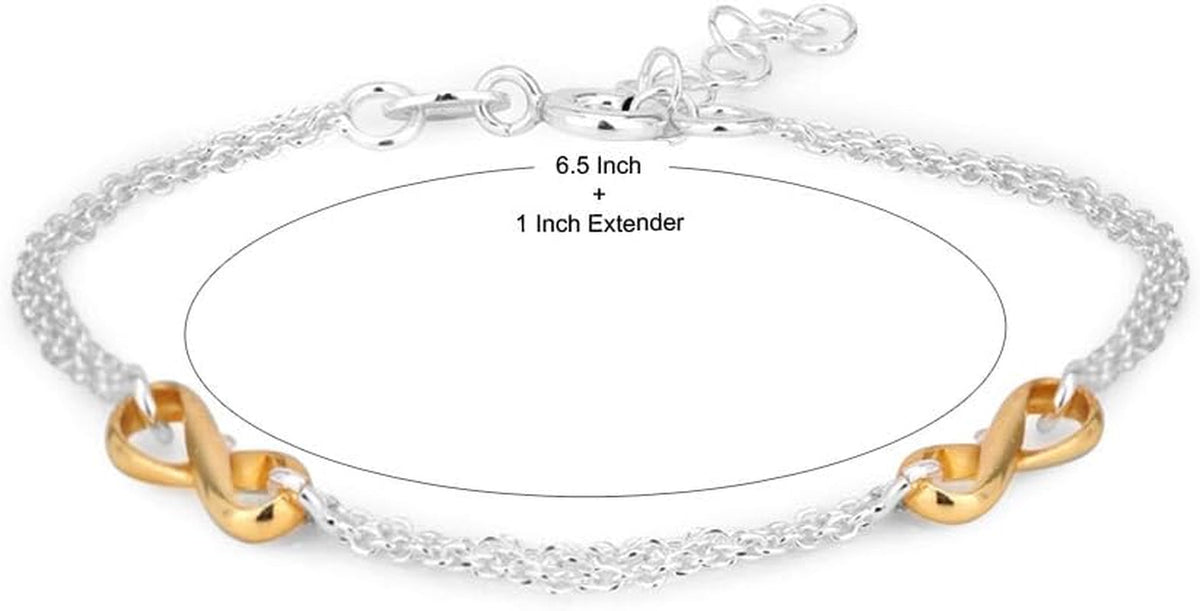 Sterling Silver - Yellow Gold & Silver Plated with 925 Stamp - Double Layered Chain & Infinity Charm Bracelet - Beautifully Handcrafted for Women - 6.5" Long + 1" Extender