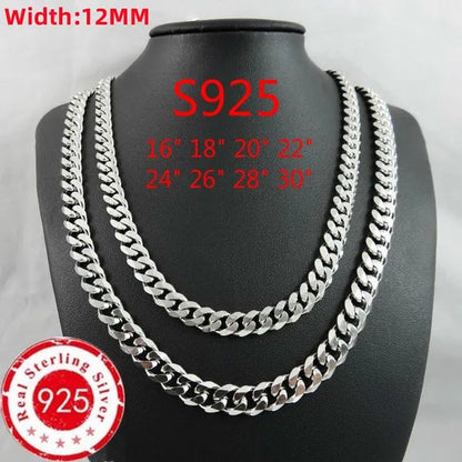 High Quality 925 Sterling Silver 12MM Width Male Jewelry 925 Solid Silver Fashion Jewelry Men Curb Chain Necklace Bracelet 8-30 inches