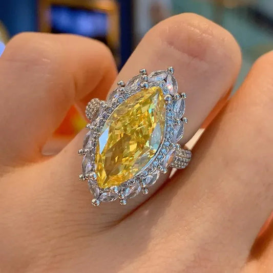 Fashion Silver Plated Lab Diamond 4 Prong Setting Marquise Cut Citrine Gemstone Rings for Women Engagement Wedding Ring Jewelry