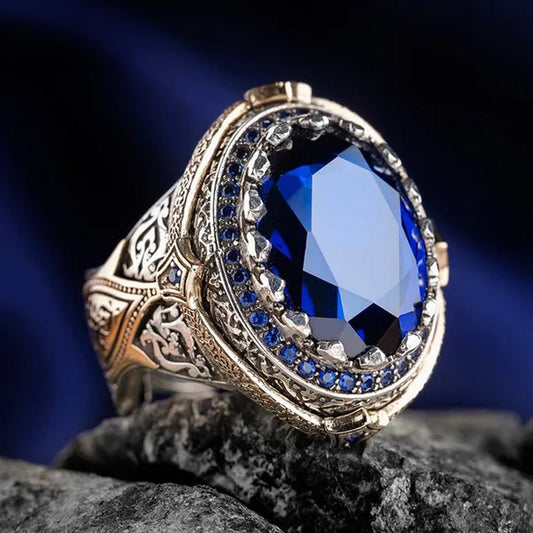 Luxurious Silver color Blue Gem men's ring wedding anniversary gift size 7-14