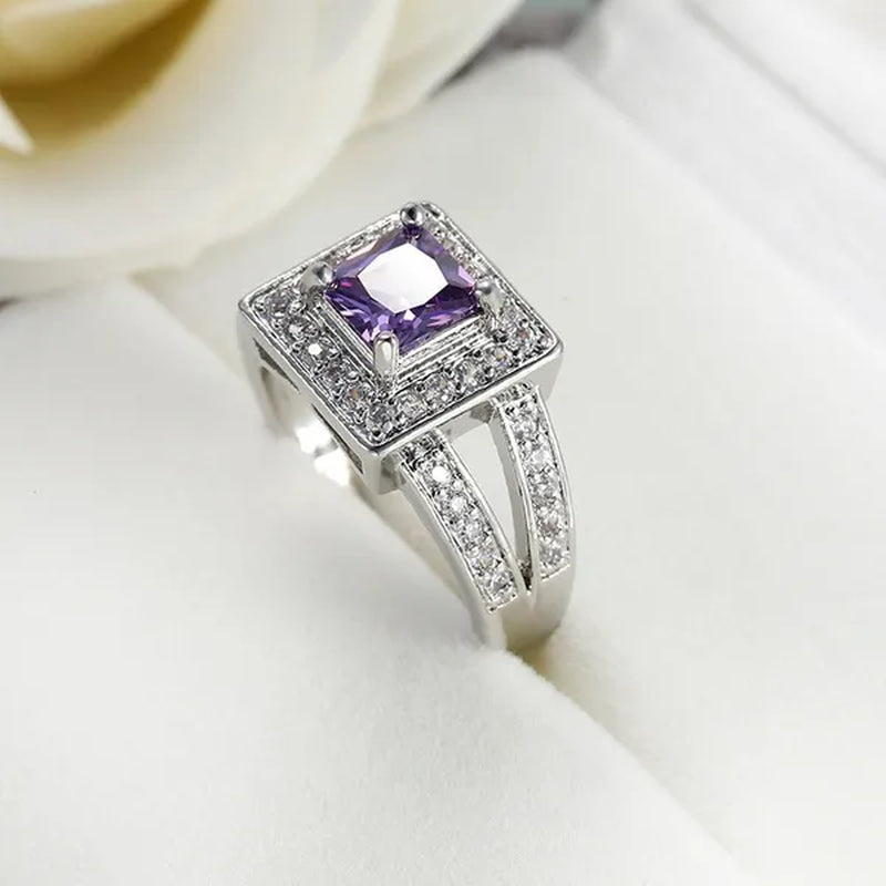 Trendy Silver Color Classic Purple Zircon Women'S Ring Bridal Wedding Anniversary Christmas Gift Beach Party Jewelry Size 6-10 Bague Femme