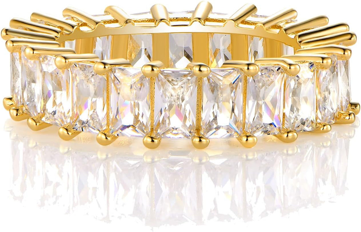 18K Gold Plated Ring Cubic Zirconia Emerald Cut Eternity Rings Gold Wedding Band