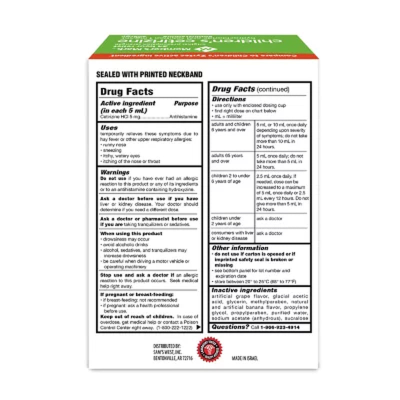 Member'S Mark Children'S Cetirizine Allergy Relief Oral Solution, Sugar-Free Grape Flavor