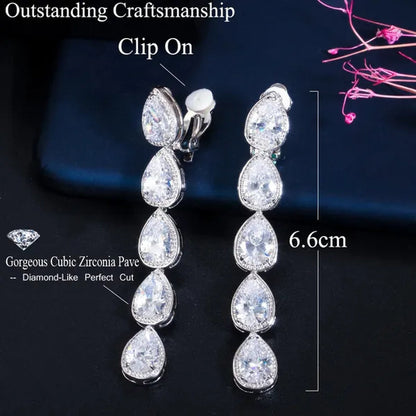 CANDICE Long Water Drop Dangling Jewelry Pave Clear Cubic Zirconia Crystal Female Non Pierced Wedding Clip on Earrings