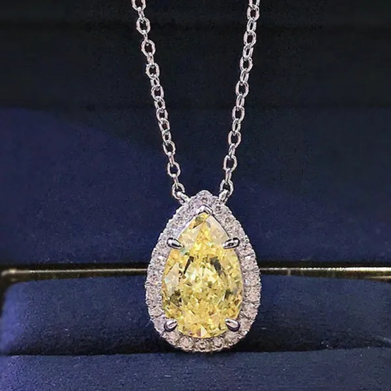 Bridal Wedding Necklace Jewelry 4 Claw Setting Waterdrop Cut Citrine Pink Gemstone Side Stone Lab Diamond Silver Plated Necklace for Women