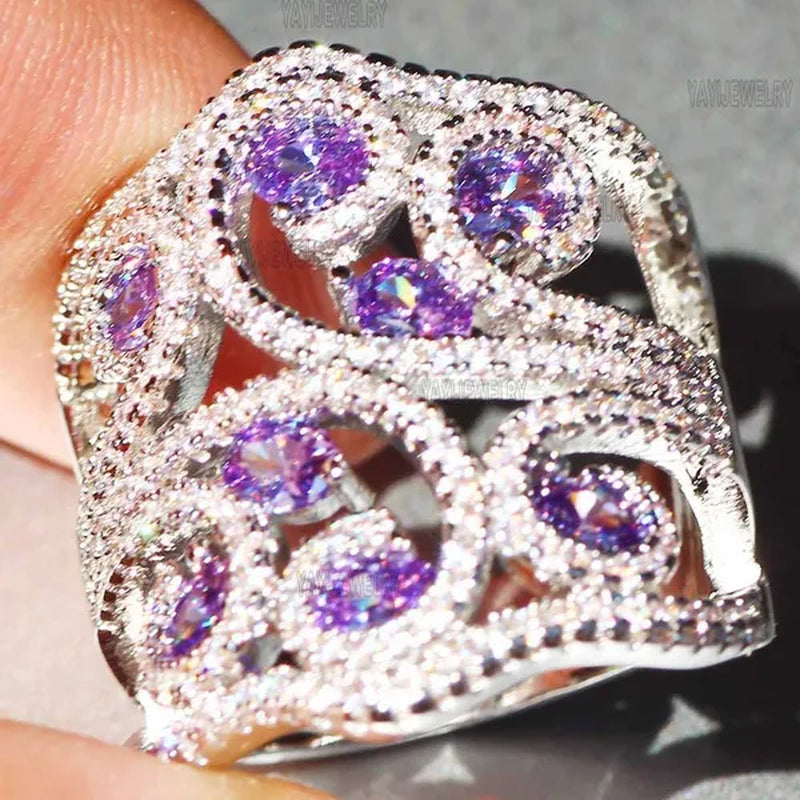 Silver White Sapphire & Tanzanite Birthstone Gemstones Engagement Wedding Anniversary Heart Ring