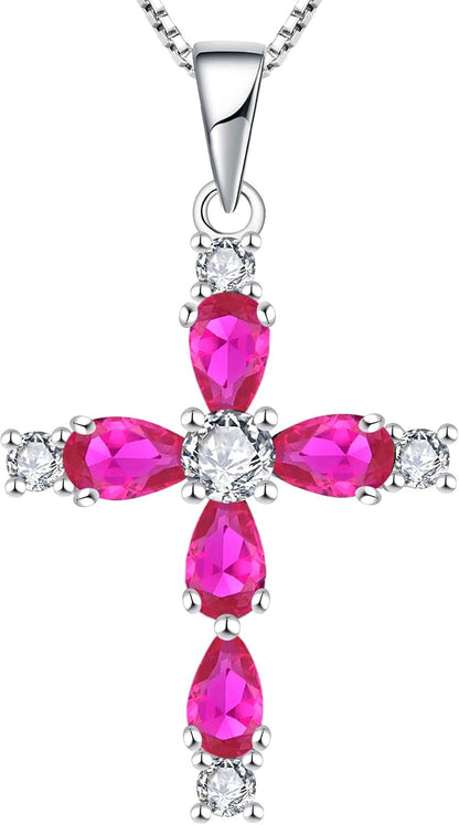 Cross Necklace for Women 925 Sterling Silver Halo Gemstone Pendant Birthstone Religious Jewelry for Mom