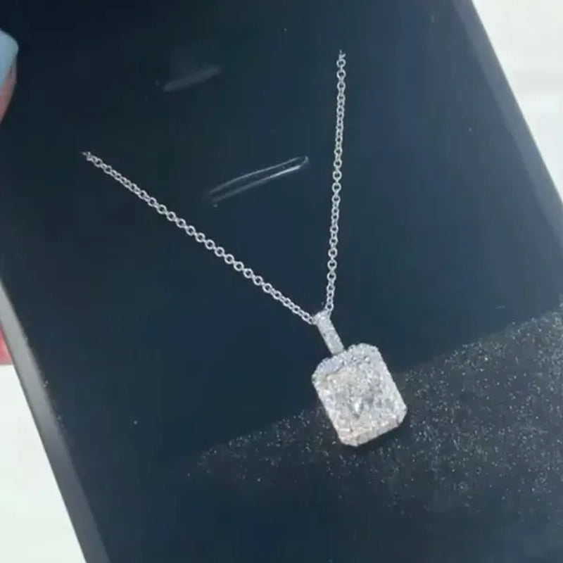 Trendy Silver Plated 4 Prong Setting Princess Cut Square Diamond Side Moissanite Necklace for Women Engagement Wedding Jewelry