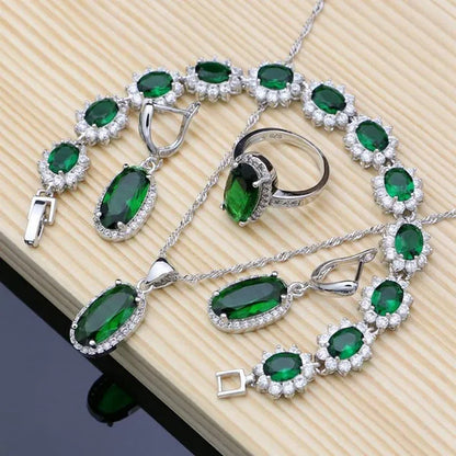 925 Sterling Silver Jewelry Oval Green Emerald Jewelry Sets for Bridal Women Decoration