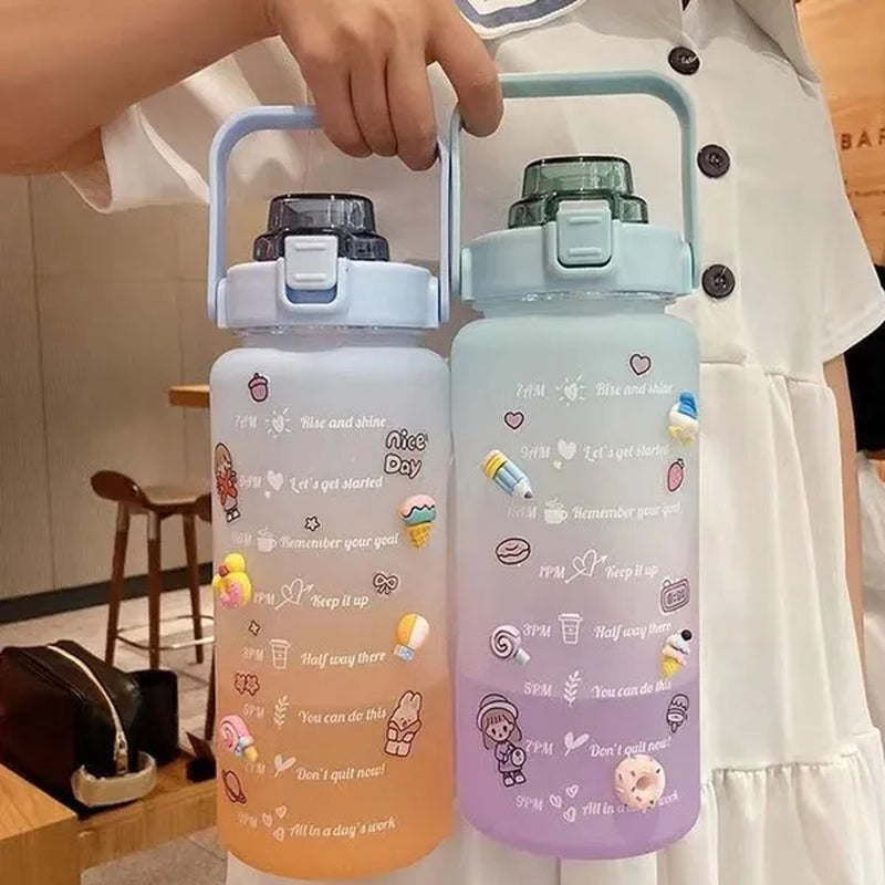 Water Bottle With Time Marker & Straw, 900ML/2000ML Large Capacity Motivational Leakproof Plastic Water Jug For Fitness Gym School Outdoor Travel Work Camping Hiking Hunting Fishing To Ensure You Drink Enough Water Daily