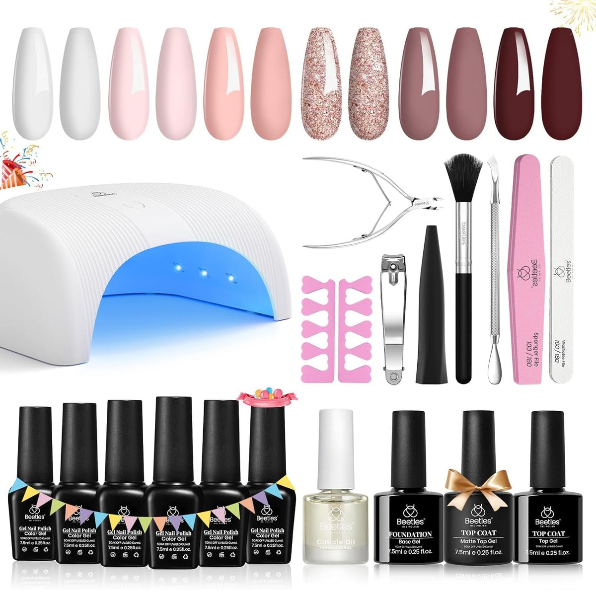 Beetles Purple Burgundy Red Gel Nail Polish Kit with Uv Light 48W LED Nail Lamp Dryer Spring Colors Neutral Gel Polish Starter Kit Peach Pink Manicure Set Soak off Gel Polish Skin Tone Gifts for Women