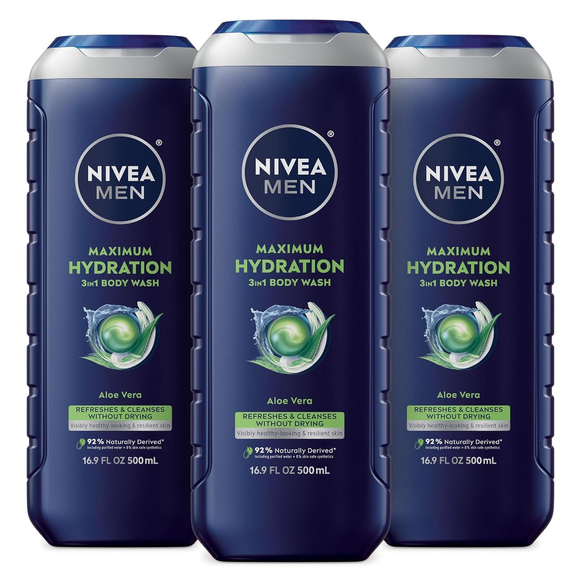 Maximum Hydration Body Wash for Dry Skin, Aloe Vera Enriched, 3-In-1 Moisturizing Body Wash, Face and Hair, Paraben Free, Vegan Formula, 16.9 Fl Oz Bottle, Pack of 3