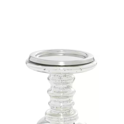 Silver Glass Handmade Turned Style Pillar Candle Holder (Set of 2)