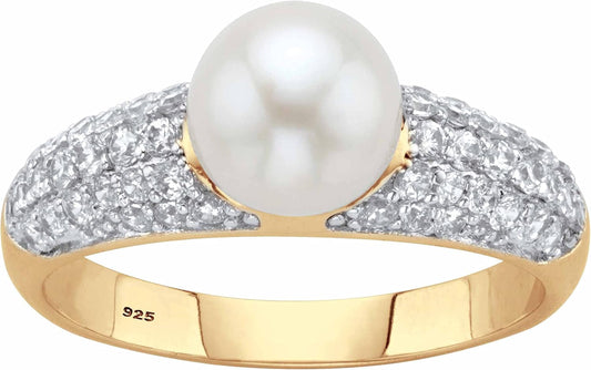 14K Yellow Gold over Sterling Silver Genuine round Cultured Freshwater Pearl and Cubic Zirconia Ring (5/8 Cttw)