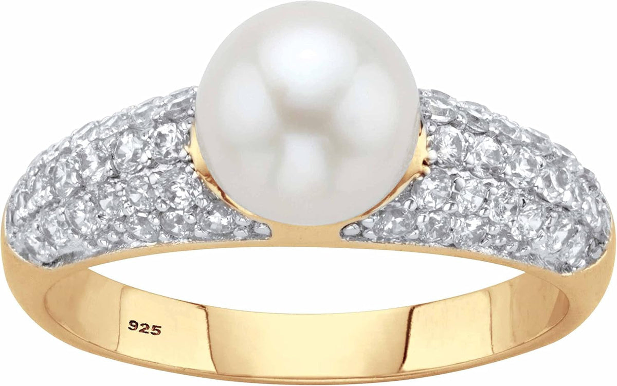 14K Yellow Gold over Sterling Silver Genuine round Cultured Freshwater Pearl and Cubic Zirconia Ring (5/8 Cttw)