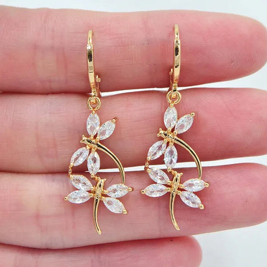 Women Fashion Clear White Cubic Zirconia CZ Dragonfly Dangle Earrings Jewelry
