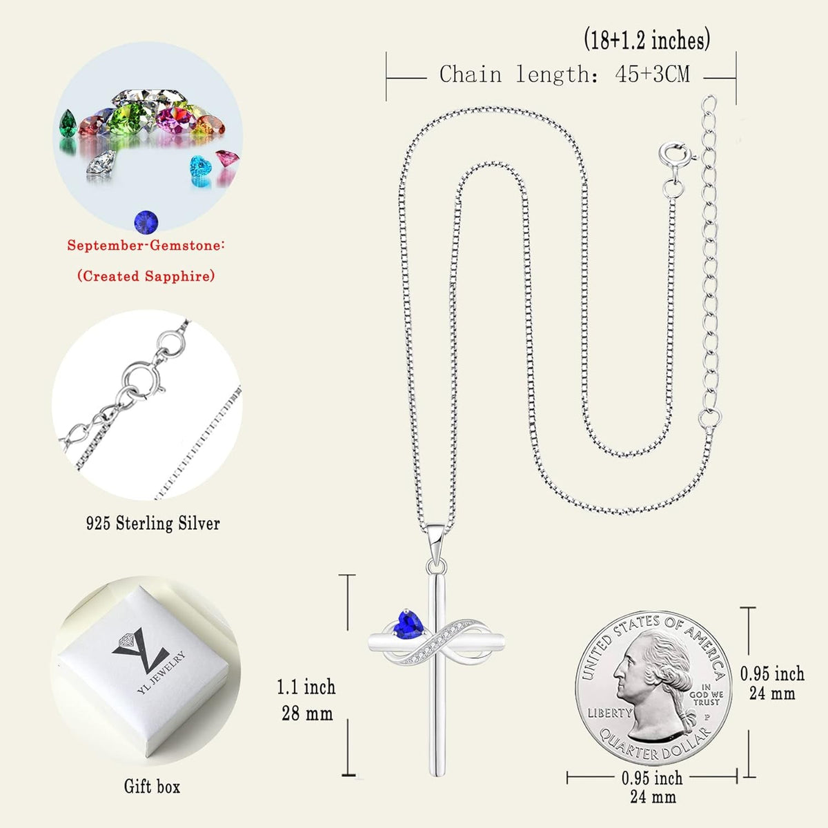 Infinity Cross Necklace Sterling Silver Crucifix Pendant Heart Birthstone Criss Jewelry for Women