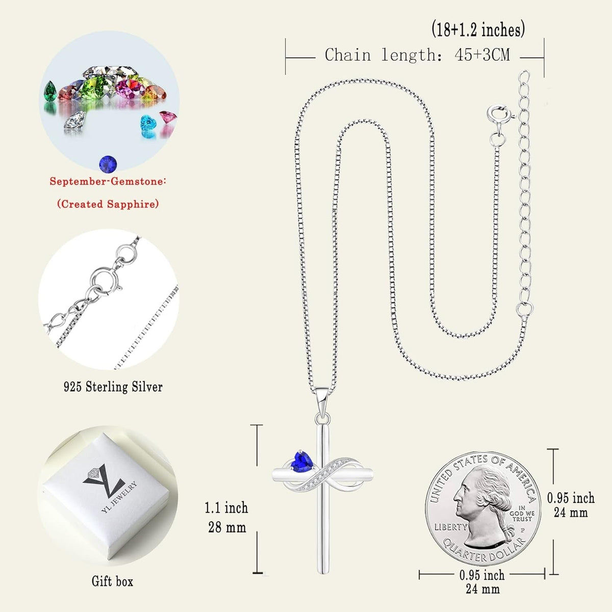 Infinity Cross Necklace Sterling Silver Crucifix Pendant Heart Birthstone Criss Jewelry for Women