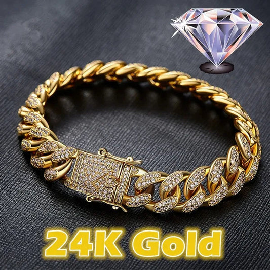 Fashion Mens Womens Chain Hiphop Iced Out Curb Cuban 24K / 18K / 925 Silver Gold Plated Bracelet W Paved Clear Rhinestones Cuban Bracelet