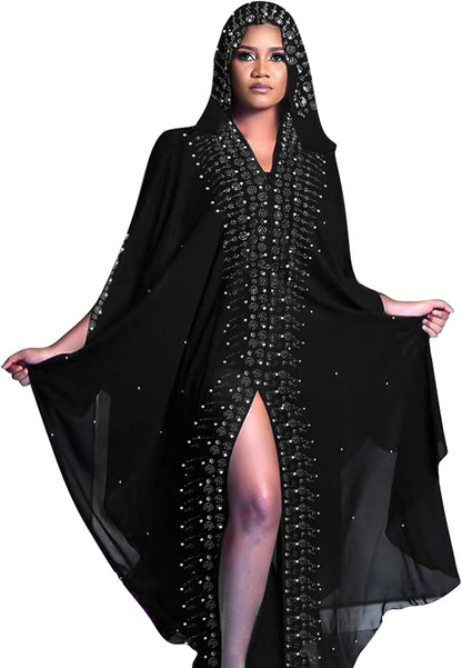 Muslim Dress for Women Loose Batwing Sleeved Hooded Beaded Embroidery Long Abaya Dress Kaftan Abayas Islamic Robe