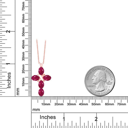 18K Rose Gold Plated Silver Red Ruby Cross Pendant Necklace for Women (3.00 Cttw, Gemstone July Birthstone, Oval 6X4MM, with 18 Inch Silver Chain)